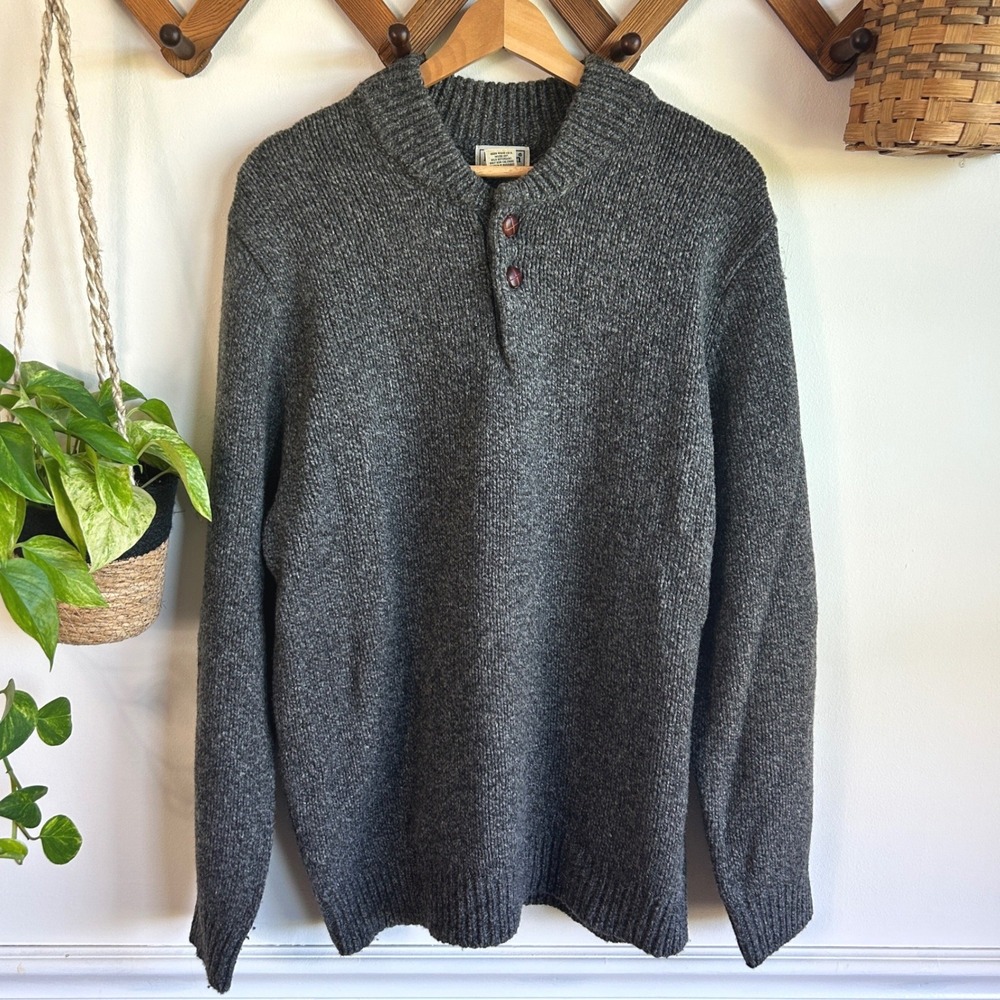 Vintage LL Bean Mens Charcoal Gray Lambswool Henley Sweater Mock Neck Wool
